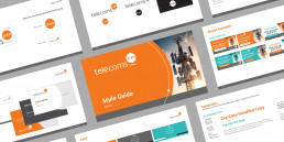 Spreads from the telecomm's trade media brand design system, showing the social media and presentation templates I built