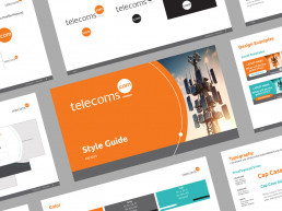 Spreads from the telecomm's trade media brand design system, showing the social media and presentation templates I built